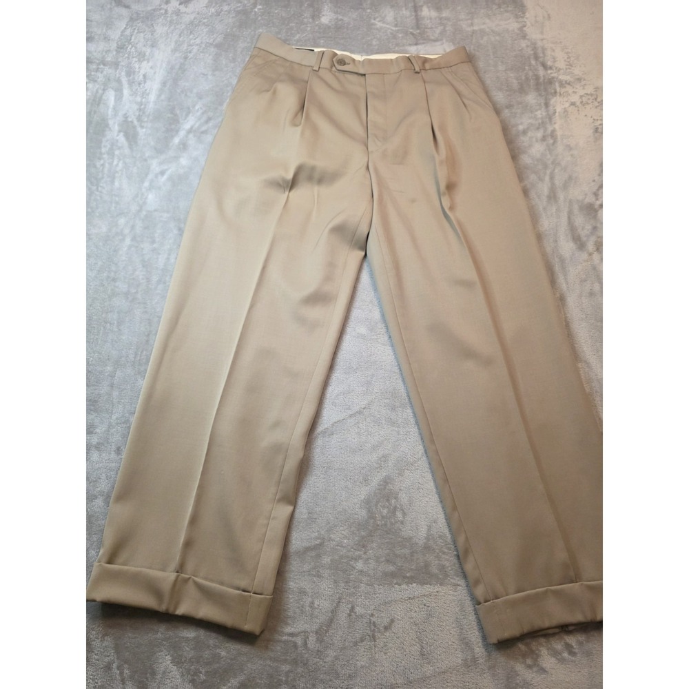 Brooks Brothers Mens Dress Pants 35 Beige 100% Wool Pleated Cuffed Made USA